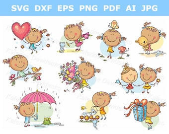 Kids activities clipart set. Girl daily routine illustration set