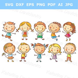 Happy Cartoon Kinder Clipart Set, Doodle Kinder Vektor-Illustration, isolierte Charaktere, Jungen und Mädchen Clipart, digitaler Download