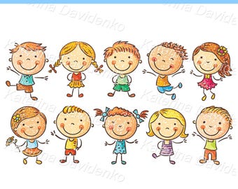Happy cartoon kids clipart set, doodle children vector illustration, isolated characters, boys and girls clipart, digital download