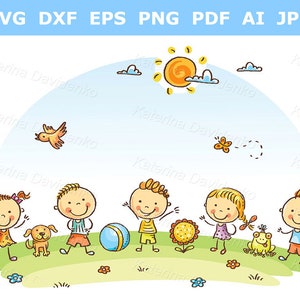 Cartoon kids clipart. Little children standing in a row. Kindergarten kids playing outdoor clip art. Happy children on a green meadow
