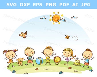 Clipart de crianças felizes em um parquinho. Clipart de crianças da pré-escola brincando ao ar livre. Ilustração de crianças no verão.