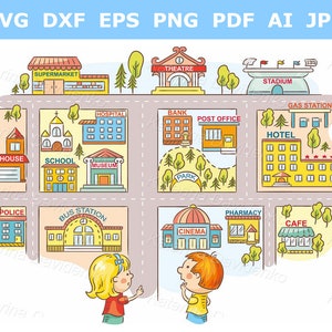 Cartoon illustration of city plan and buildings with signs. Back to school clipart