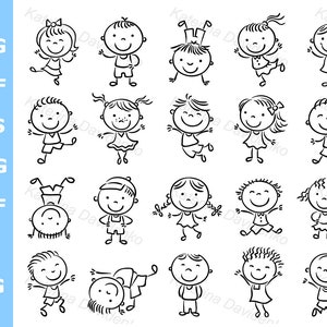 Outline kids clipart set, Hand drawn children, Doodle kids, Stick figure clipart, Happy kids Black and White Vector illustration