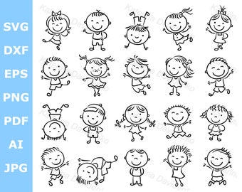 Outline kids clipart set, Hand drawn children, Doodle kids, Stick figure clipart, Happy kids Black and White Vector illustration