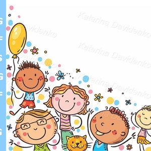 デザインの下隅に落書き漫画の子供たち。コピースペース付きの幸せな子供たちのバナー。デジタルフレーム、ベクターイラスト