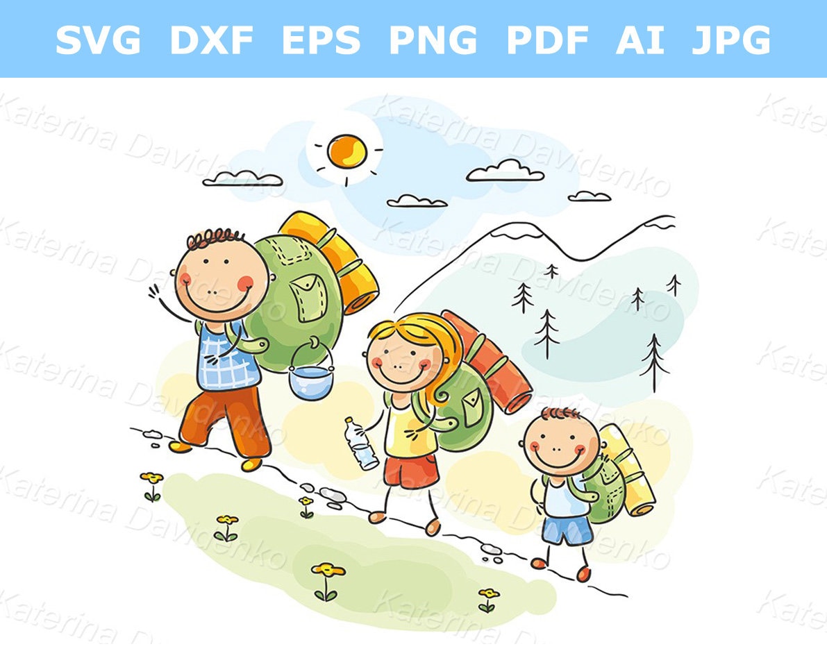 Family Hiking in the Mountains Doodle Cartoon Family Clipart