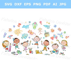 Conjunto de imágenes prediseñadas de dibujos infantiles. Niños de preescolar dibujando con pinceles y pinturas. Niños de preescolar realizando actividades creativas.