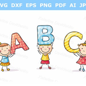 Glückliche Kinder mit ABC Buchstaben. Doodle Kinder Clipart. Handgezeichnete Kinder Cliparts, Vektor-Illustrationen. Zurück zu Schule Clipart