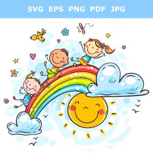 Niños felices de dibujos animados en un arcoíris. Clipart infantil de garabatos. Ilustración vectorial dibujada a mano para libro infantil, PNG listo para imprimir, uso comercial.