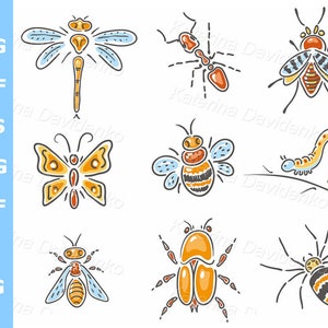 Set of cartoon insects clipart, dragonfly PNG, butterfly SVG, bug PDF, clipart bee