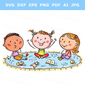 Mädchen erzählt Märchen zu anderen Kindern. Doodle Cartoon Kinder hören Geschichtenerzähler. Kindergarten Kinder Clipart