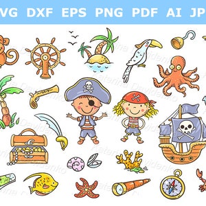 Conjunto de dibujos animados de imágenes prediseñadas de piratas para niños. Niños disfrazados de piratas. Ilustración vectorial, pegatinas para niños