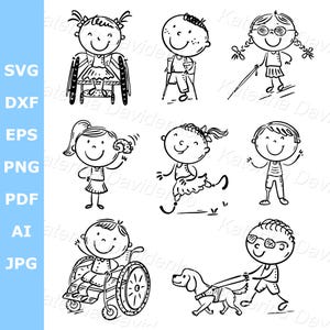 Puede incluir: Dibujos en blanco y negro de niños con discapacidades. Los niños se muestran en varias actividades, incluyendo el uso de una silla de ruedas, muletas, un perro guía y un bastón.