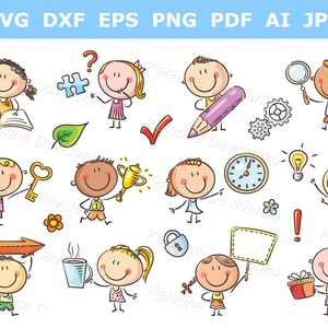 Happy cartoon kids clipart set. Children with symbols. Kids with clock, child reading a book, girl holding placard