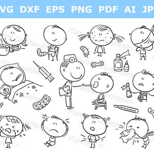 Healthcare clipart. Stick figure kids. Cartoon kids health clipart set. Feeling unwell children. Illnesses kids outline clipart
