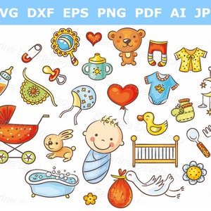 Cartoon baby clipart. Set of baby things, doodle baby items clip art, baby shower clipart. Vector illustration