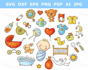 Cartoon baby clipart. Set of baby things, doodle baby items clip art, baby shower clipart. Vector illustration