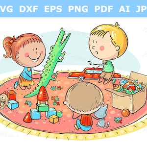 Kids clipart. Cartoon little kids playing with toys on the carpet. Kids indoors activity clipart. Hand drawn illustration