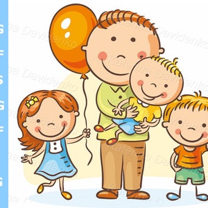 Cartoon family clipart, father with kids clip art, happy parent with children standing together