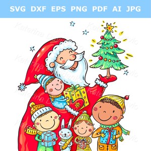 Clipart di Natale per bambini. Biglietto d'auguri di Buon Natale. Bambini dei cartoni animati e Babbo Natale, illustrazione di Buon Natale di clipart di bambini divertenti.