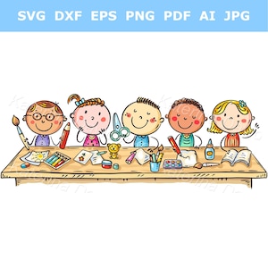 Happy cartoon kids crafting together, children creative activities clipart, kids cooperation, children hobby, doodle characters clip art