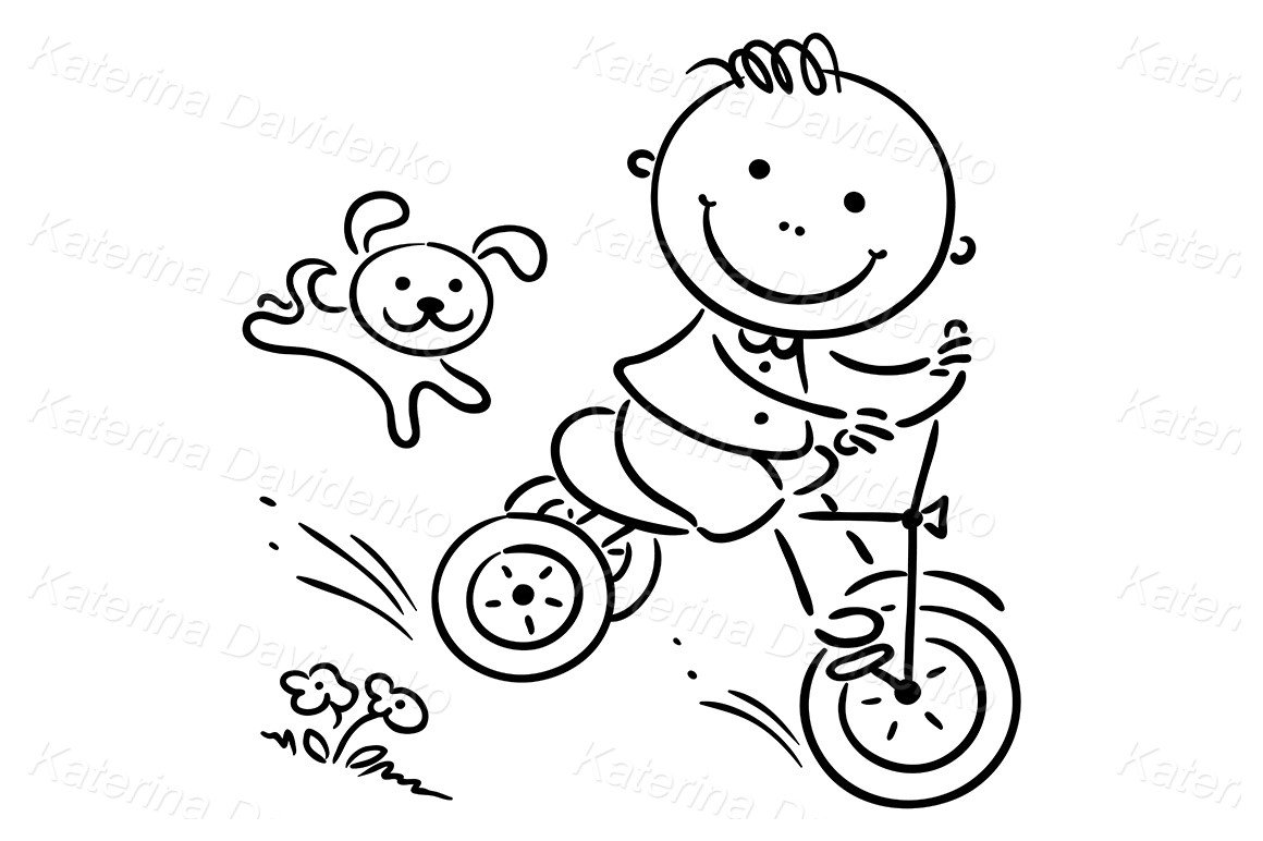 Tkid Rides Drawing Cartoon Boy Riding His Tricycle, Doodle Kid Clipart, Hand Drawn Vector ...