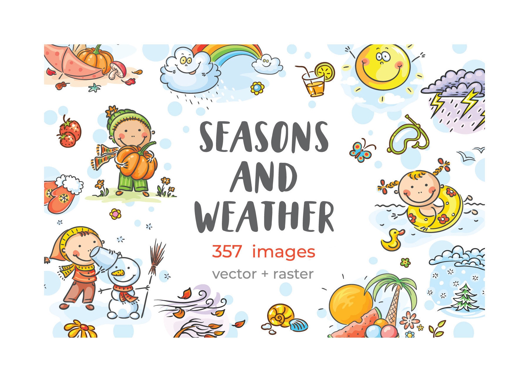Cartoon illustration seasons weather clipart bundle Doodle kids of different activities during the four seasons summer winter spring autumn
