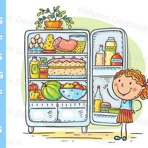 May include: A cartoon illustration of a girl standing in front of an open fridge. The fridge is filled with food items, including a cake, watermelon, fruit, and drinks. 