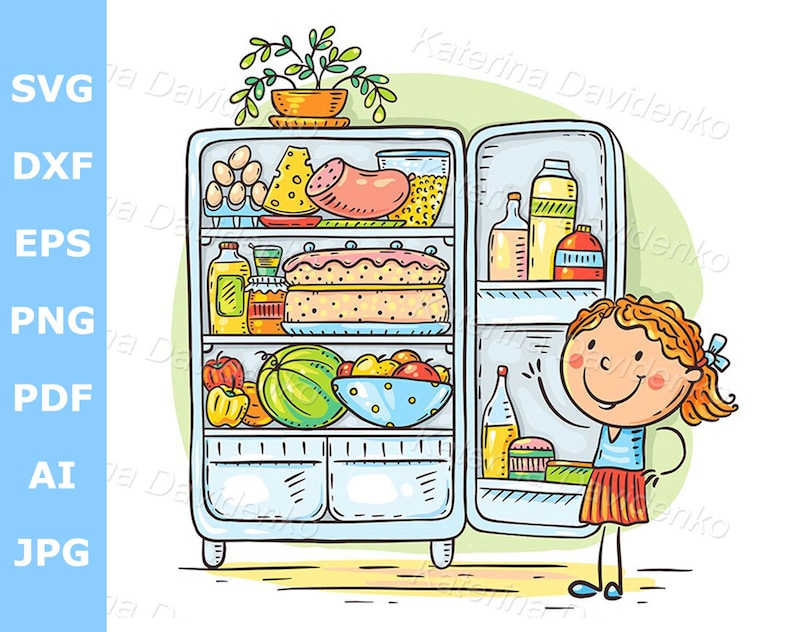 May include: A cartoon illustration of a girl standing in front of an open fridge. The fridge is filled with food items, including a cake, watermelon, fruit, and drinks. 