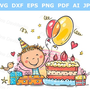 Clipart de niño de dibujos animados. Cumpleaños infantil con regalos y pastel.