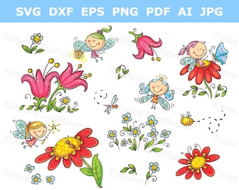 Set of cartoon little fairy clipart. Vector illustration for children. Digital download. Kids clipart set