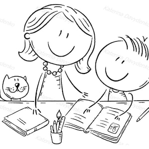 May include: A black and white line drawing of an adult and a child sitting at a table with a book open in front of them. The adult is wearing a necklace and the child is smiling. There is a cat sitting on the table to the left of the book. The child is pointing at the book with their right hand. There is a pencil and a small eraser on the table to the right of the book.