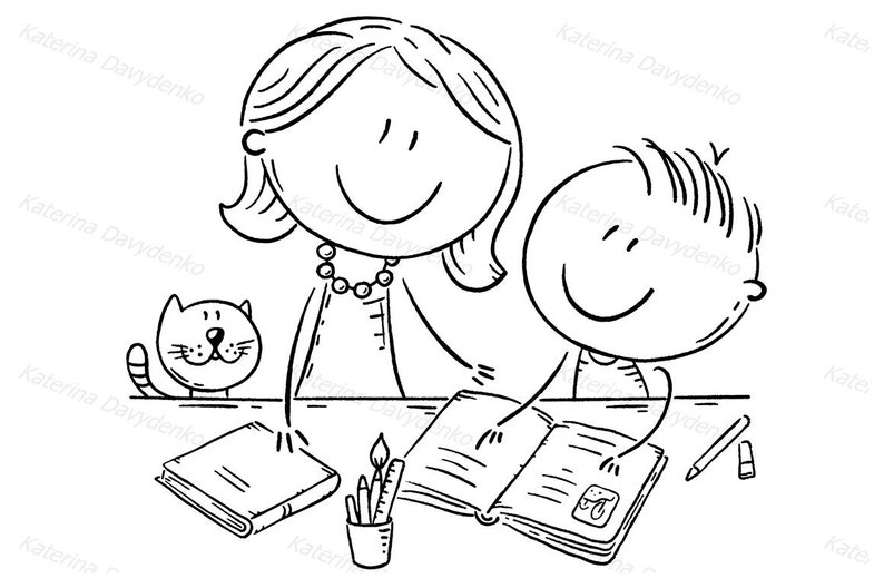 May include: A black and white line drawing of an adult and a child sitting at a table with a book open in front of them. The adult is wearing a necklace and the child is smiling. There is a cat sitting on the table to the left of the book. The child is pointing at the book with their right hand. There is a pencil and a small eraser on the table to the right of the book.