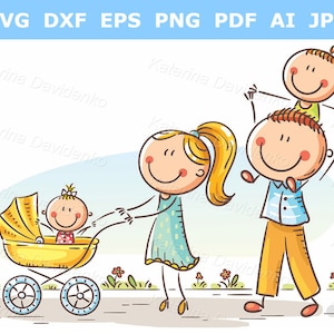 Clipart familiar. Familia feliz de dibujos animados con dos niños paseando al aire libre. Imagen de una familia con un bebé.