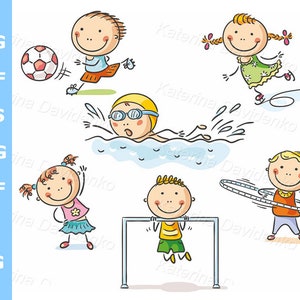 Conjunto de imágenes prediseñadas de actividades deportivas para niños con dibujos animados. Imágenes prediseñadas de actividades infantiles con dibujos animados, descarga digital