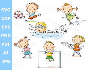 Kids and their sports activities clipart set. Cartoon children images clip art digital download