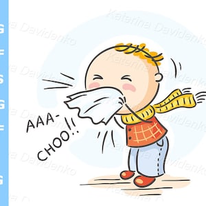 Doodle child flu clipart. Cartoon kid sneezing. Health illustration