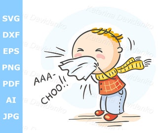 Hand Drawn Doodle Child Flu Image. Cartoon Kid Sneezing - Etsy