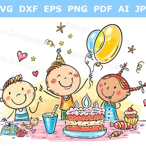 Feliz fiesta de cumpleaños infantil con un gran pastel. Ilustración vectorial infantil.