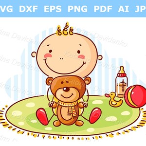 Baby clipart. Cartoon happy baby with teddy bear