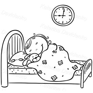 May include: A black and white line drawing of a child sleeping in a bed with a teddy bear. The child is under a blanket with a floral pattern. A clock on the wall shows the time is 8:00.