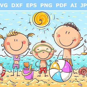 Clipart de vacaciones en la playa. Actividades de verano para niños. Niños felices en la playa. Clipart familiar. Clipart de dibujos animados de la temporada de verano.