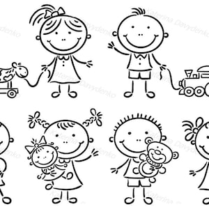 May include: Black and white line drawing illustration of six children playing with toys. The children are drawn in a simple stick figure style. The toys include a rocking horse, a train, a doll, a teddy bear, and a bunny.