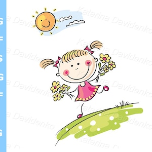 Doodle cartoon girl with bouquet of flowers, happy kid clipart vector illustration. Child walking outdoor,  summer clipart