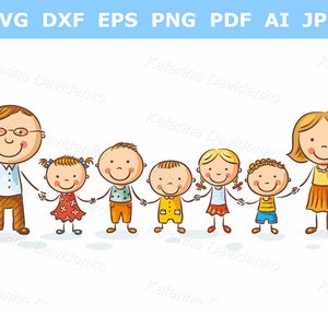 May include: A cartoon illustration of a family with a father, mother, and four children. The father is wearing glasses and a brown shirt and pants. The mother is wearing a yellow shirt and orange skirt. The children are wearing various colors of shirts and pants. The family is standing in a line, holding hands. The background is white.