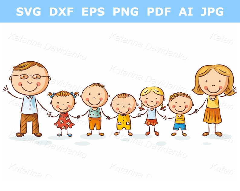 May include: A cartoon illustration of a family with a father, mother, and four children. The father is wearing glasses and a brown shirt and pants. The mother is wearing a yellow shirt and orange skirt. The children are wearing various colors of shirts and pants. The family is standing in a line, holding hands. The background is white.