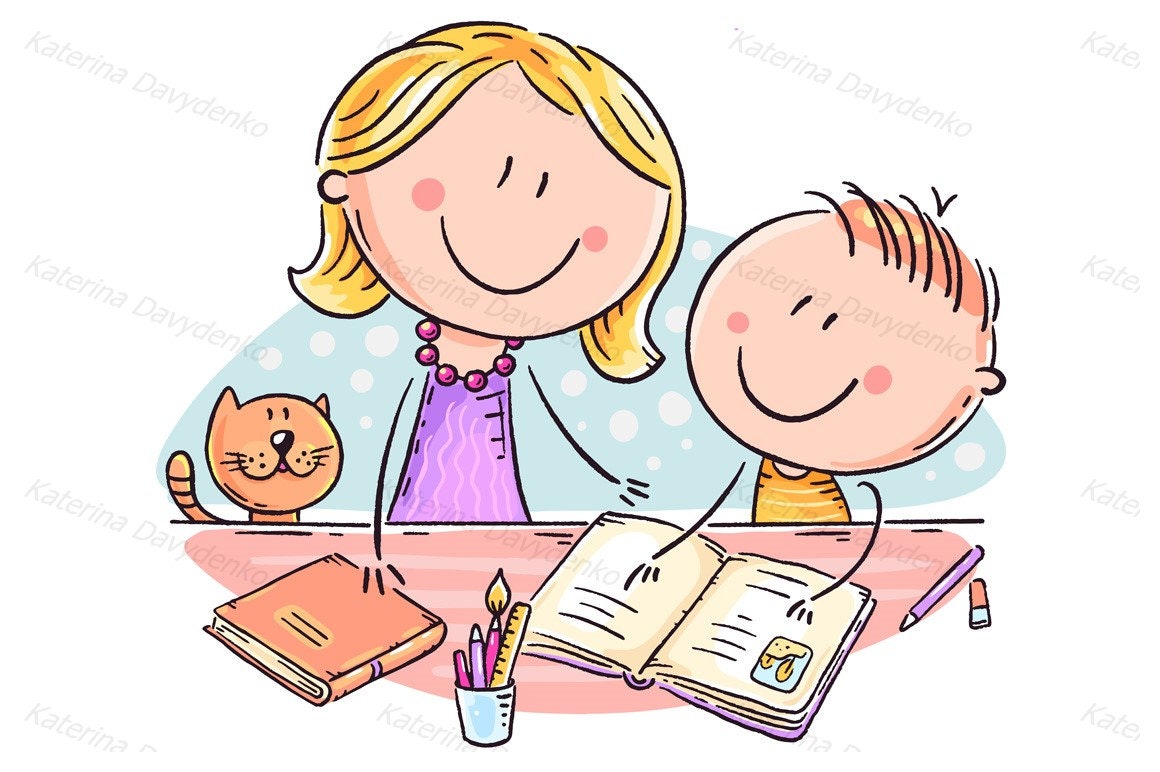 Mother Helping Her Son With The Homework Doodle Drawing Etsy Mother Helping Her Son With The Homework Doodle Drawing Etsy