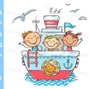Niños felices de dibujos animados en un crucero. Clipart de niños con garabatos. Clipart de viajes por mar. Niños dibujados a mano navegando en un barco y saludando.