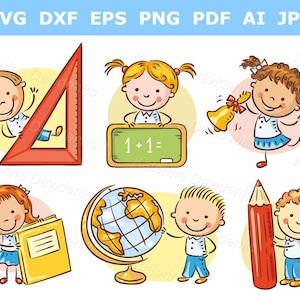Kartoonkinder mit Schulgegenständen. Set von Schulkindern Clipart, Vektor-Illustration, Bildung Clip Art, digitaler Download