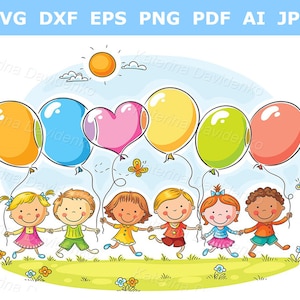 Children clipart. Happy kids outdoors with balloons with copy space. Clipart children, doodle svg, clipart, kids svg png clipart